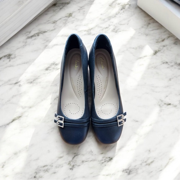 Clarks Women's Navy Loafers with Buckle Detail - Picture 1 of 4